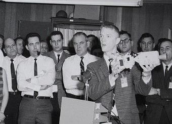 Rusty Schweickart demonstrating Apollo 9 mission