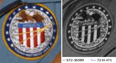 Close-up images of patches worn by Apollo 16 crew